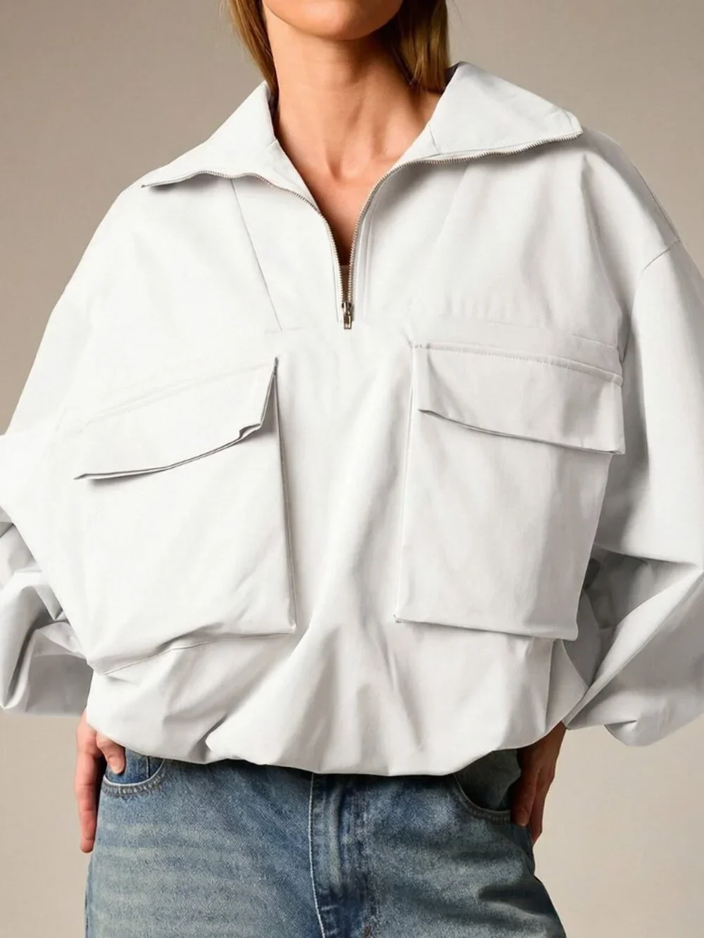 White Casual Women's Half Zip Pullover Lightweight Jacket - Picture 5 of 5